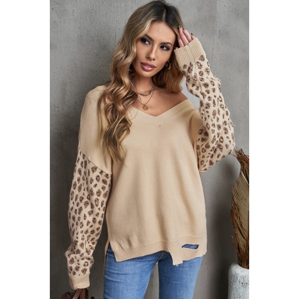 Leopard Raglan Sleeve V Neck Pullover Sweater