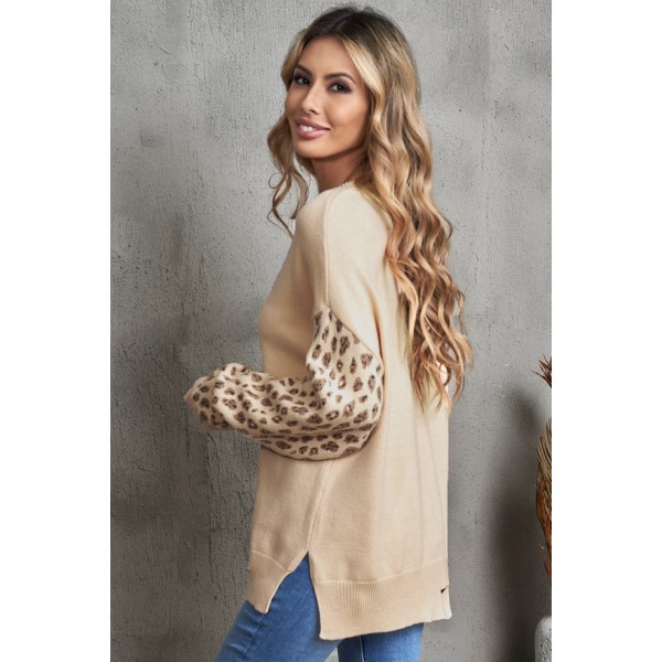 Leopard Raglan Sleeve V Neck Pullover Sweater