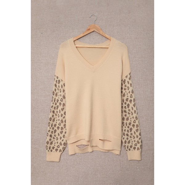 Leopard Raglan Sleeve V Neck Pullover Sweater