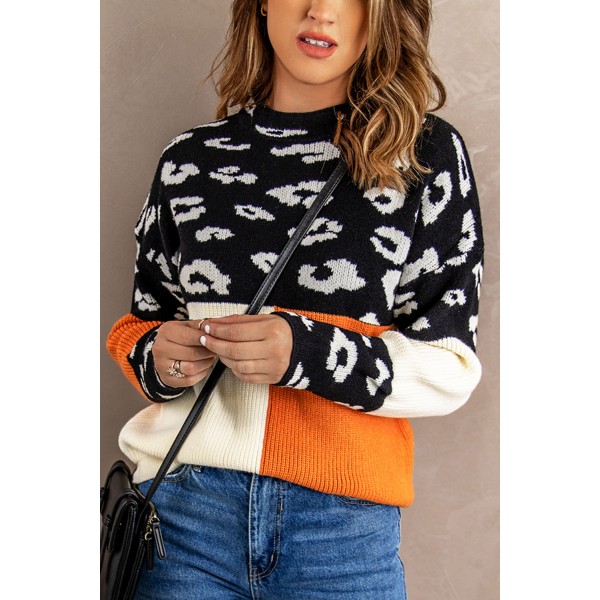Leopard Colorblock Mock Neck Sweater