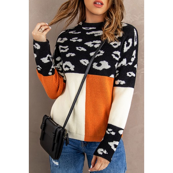 Leopard Colorblock Mock Neck Sweater