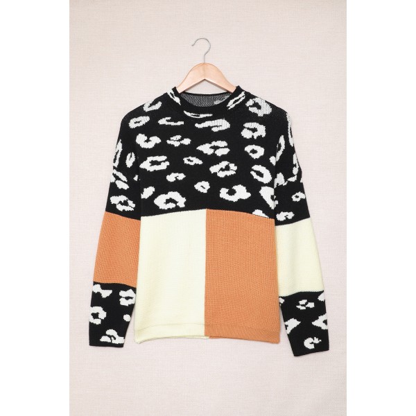Leopard Colorblock Mock Neck Sweater