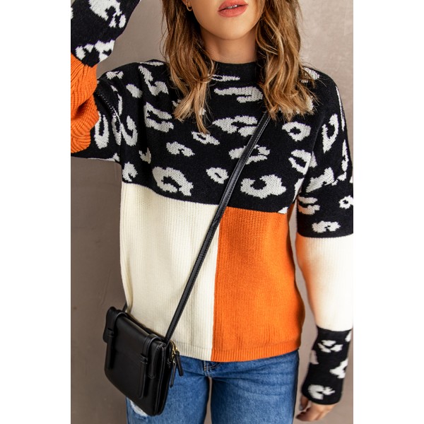 Leopard Colorblock Mock Neck Sweater