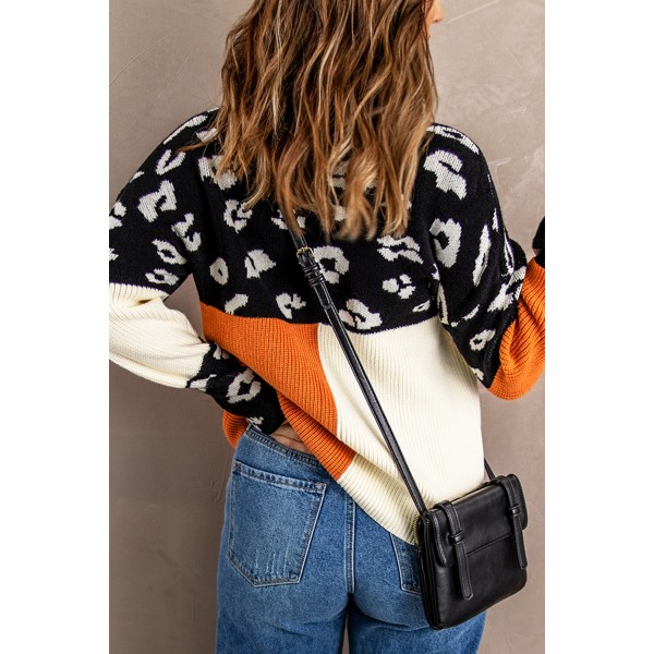 Leopard Colorblock Mock Neck Sweater