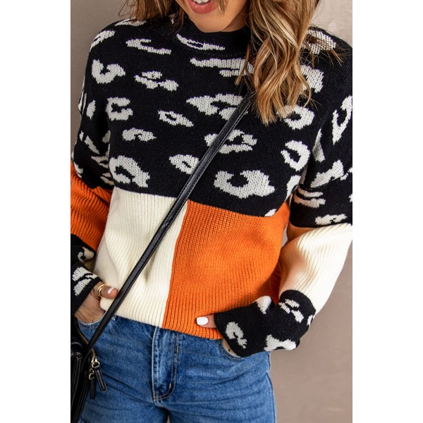 Leopard Colorblock Mock Neck Sweater