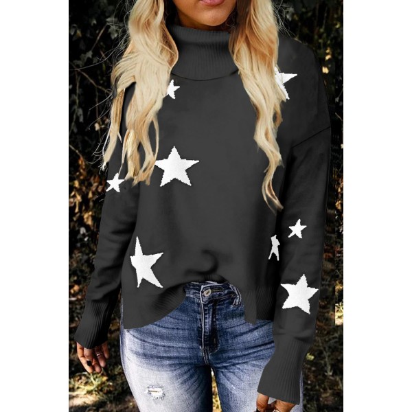 Gray Turtleneck Dropped Sleeve Star Print Sweater