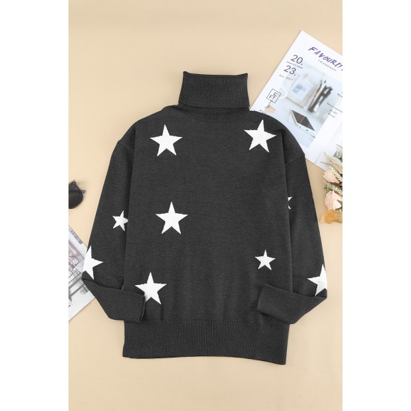 Gray Turtleneck Dropped Sleeve Star Print Sweater