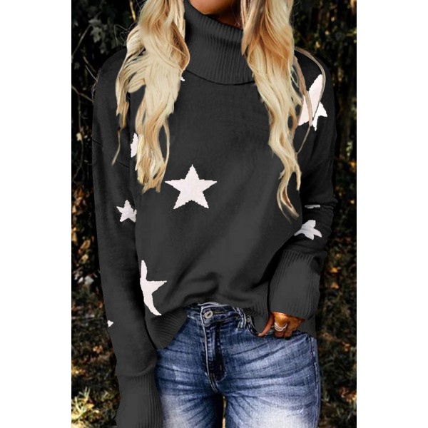 Gray Turtleneck Dropped Sleeve Star Print Sweater