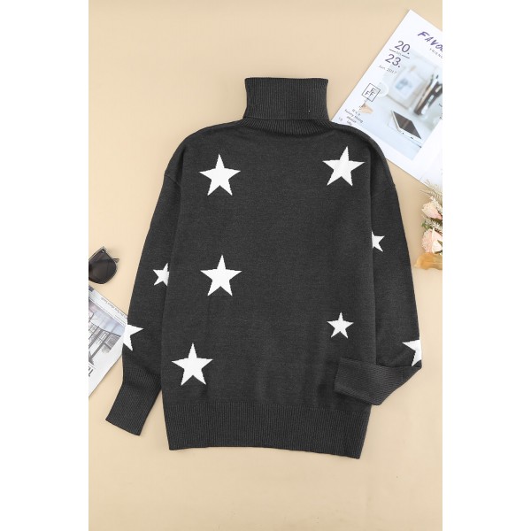 Gray Turtleneck Dropped Sleeve Star Print Sweater