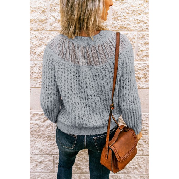 Gray Round Neck Lace Splicing Knitted Sweater