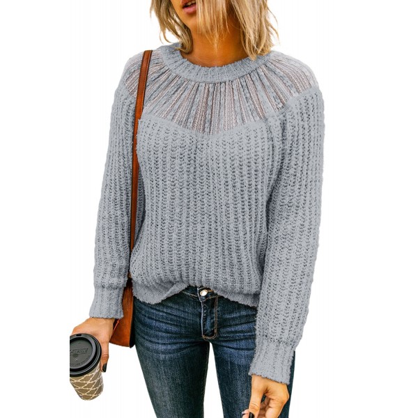 Gray Round Neck Lace Splicing Knitted Sweater
