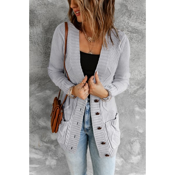 Gray Front Pocket and Buttons Closure Cardigan