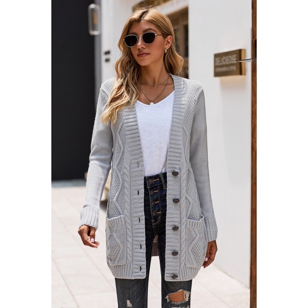 Gray Front Pocket and Buttons Closure Cardigan
