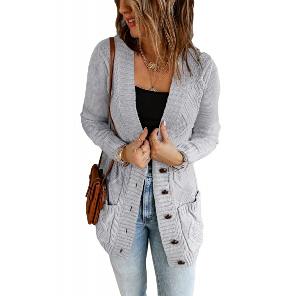 Gray Front Pocket and Buttons Closure Cardigan