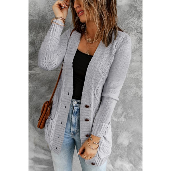 Gray Front Pocket and Buttons Closure Cardigan