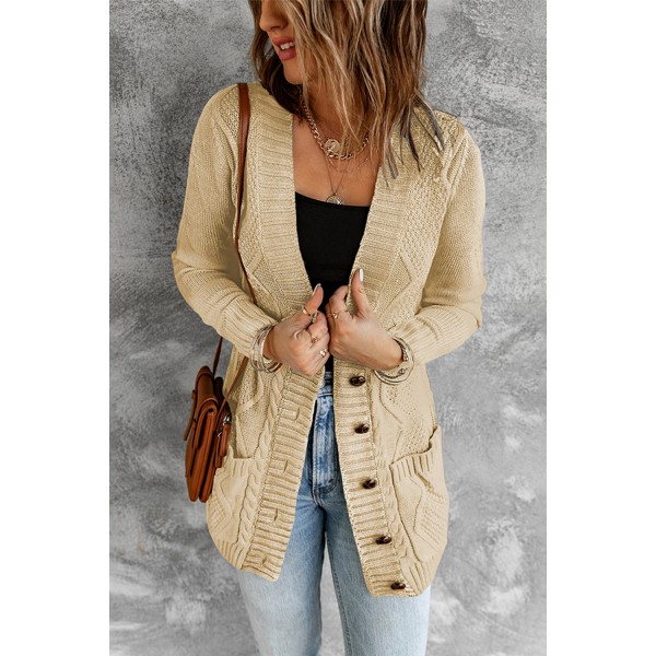 Beige Front Pocket and Buttons Closure Cardigan
