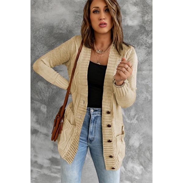 Beige Front Pocket and Buttons Closure Cardigan