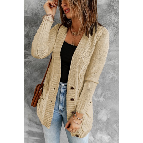 Beige Front Pocket and Buttons Closure Cardigan