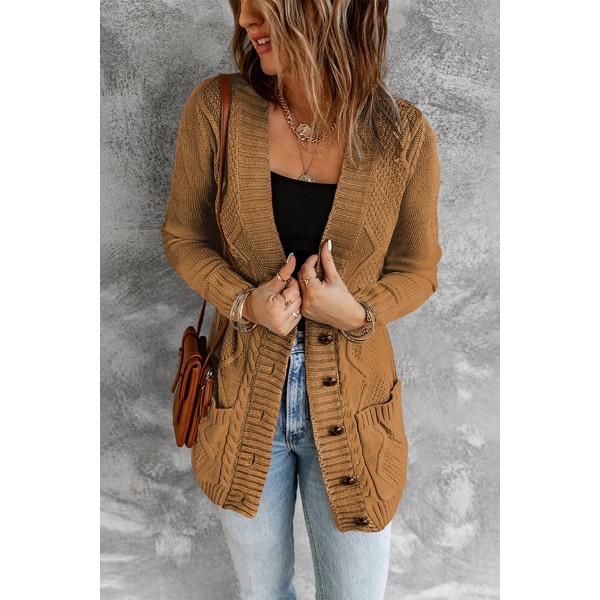 Khaki Front Pocket and Buttons Closure Cardigan