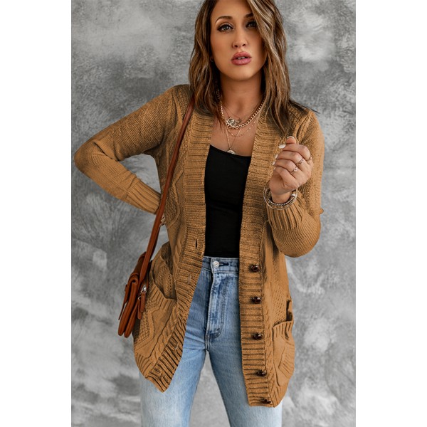 Khaki Front Pocket and Buttons Closure Cardigan