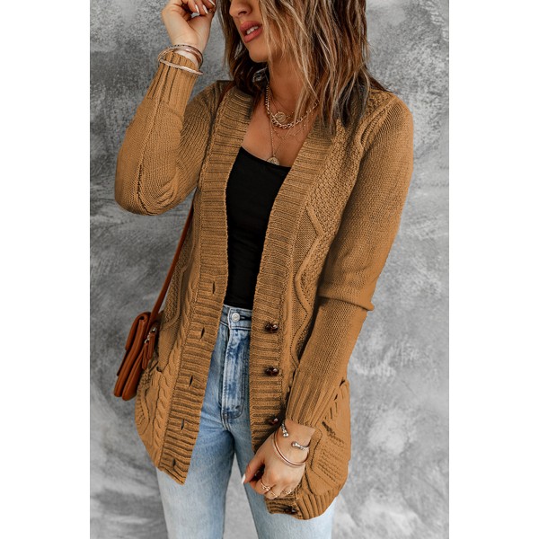 Khaki Front Pocket and Buttons Closure Cardigan