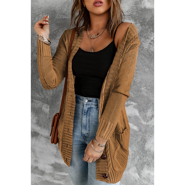 Khaki Front Pocket and Buttons Closure Cardigan