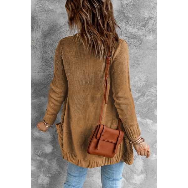 Khaki Front Pocket and Buttons Closure Cardigan