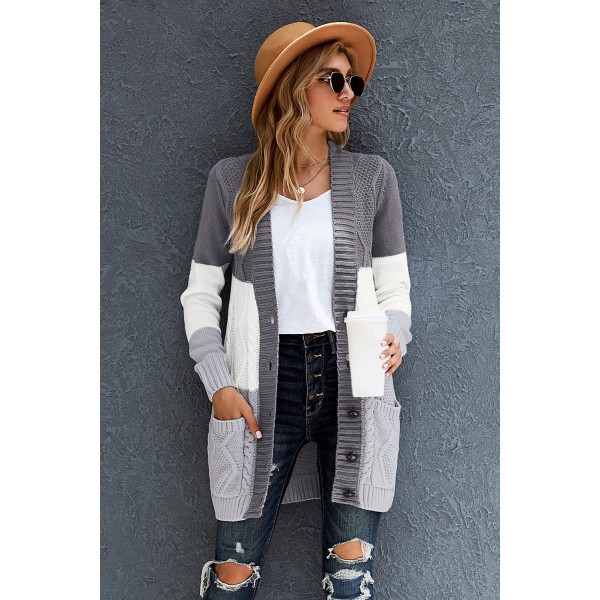 Multicolor Front Pocket and Buttons Closure Cardigan