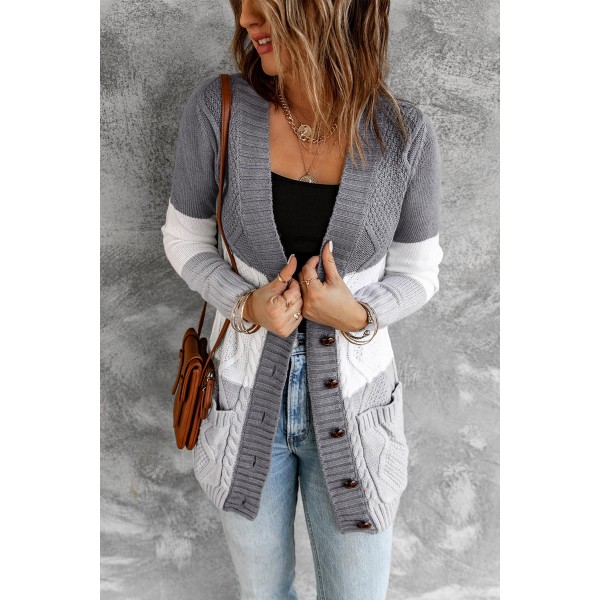 Multicolor Front Pocket and Buttons Closure Cardigan