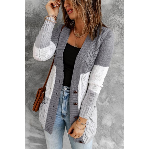 Multicolor Front Pocket and Buttons Closure Cardigan