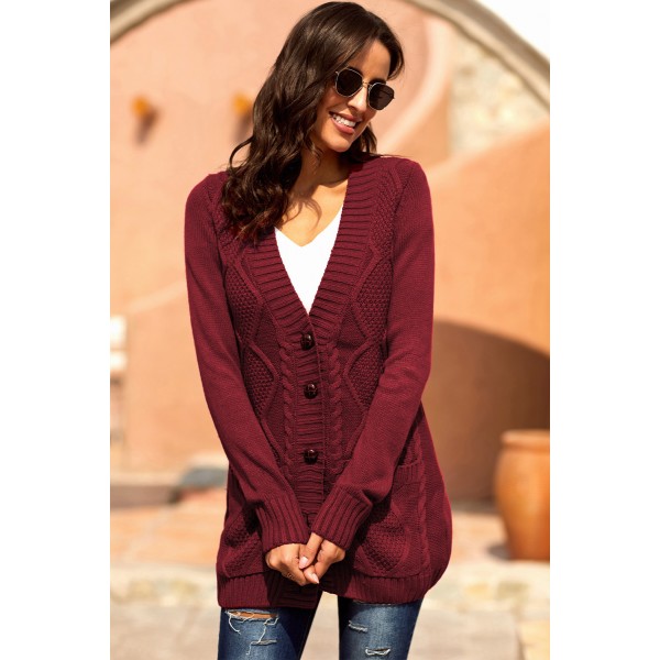 Burgundy Front Pocket and Buttons Closure Cardigan