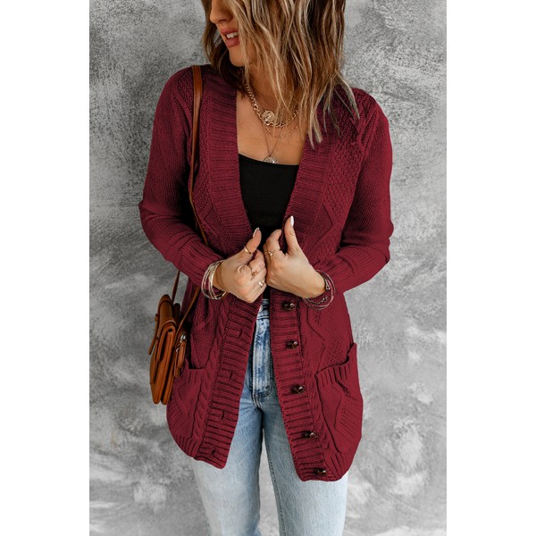 Burgundy Front Pocket and Buttons Closure Cardigan