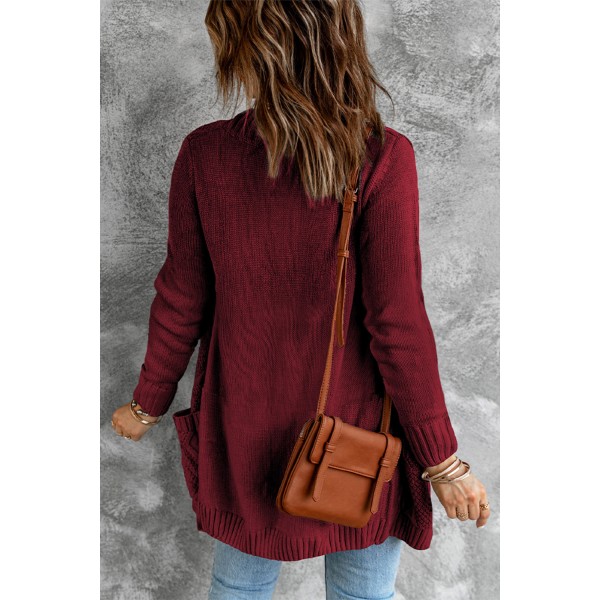 Burgundy Front Pocket and Buttons Closure Cardigan