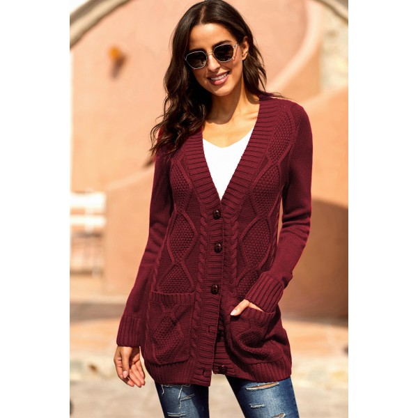 Burgundy Front Pocket and Buttons Closure Cardigan