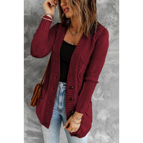 Burgundy Front Pocket and Buttons Closure Cardigan