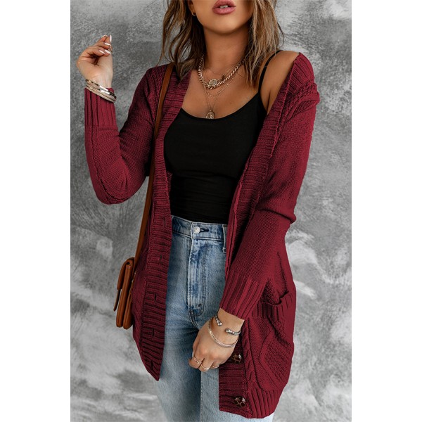 Burgundy Front Pocket and Buttons Closure Cardigan