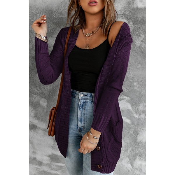 Purple Front Pocket and Buttons Closure Cardigan