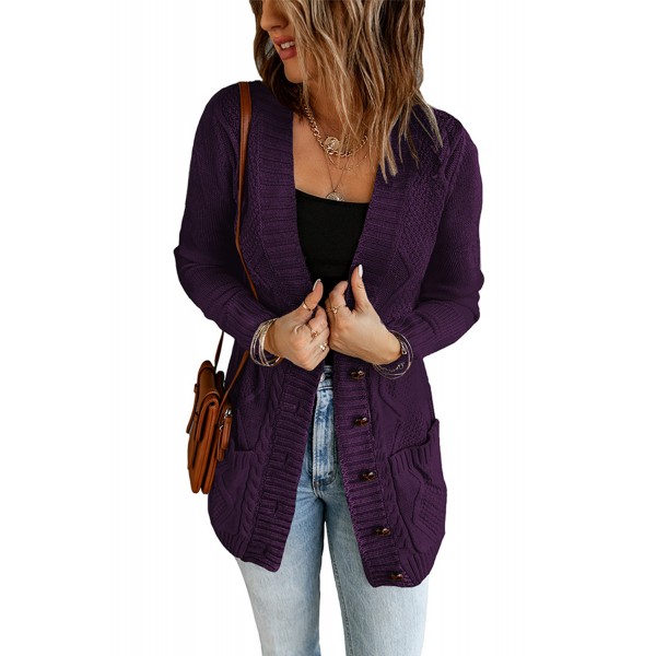 Purple Front Pocket and Buttons Closure Cardigan