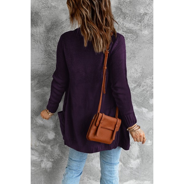 Purple Front Pocket and Buttons Closure Cardigan