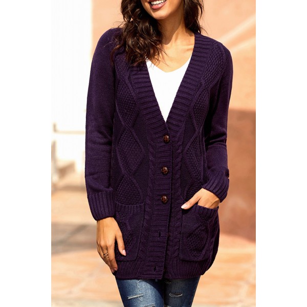 Purple Front Pocket and Buttons Closure Cardigan