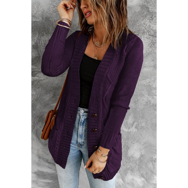 Purple Front Pocket and Buttons Closure Cardigan