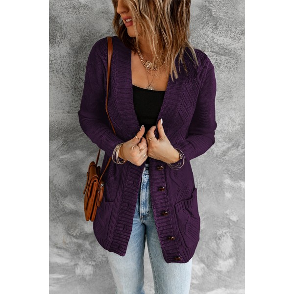 Purple Front Pocket and Buttons Closure Cardigan