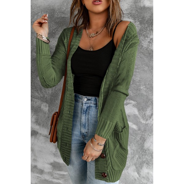 Green Front Pocket and Buttons Closure Cardigan