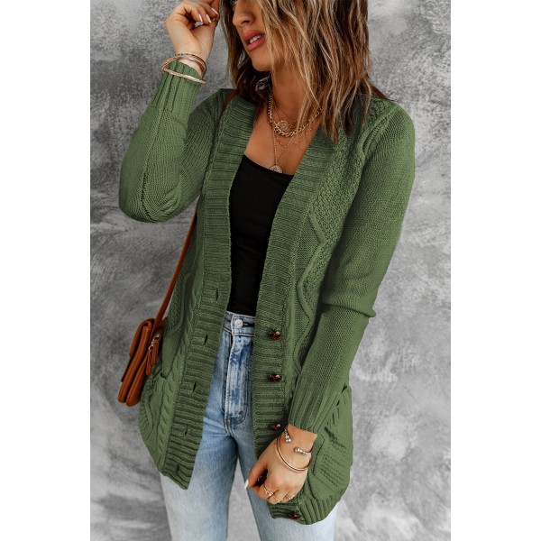 Green Front Pocket and Buttons Closure Cardigan