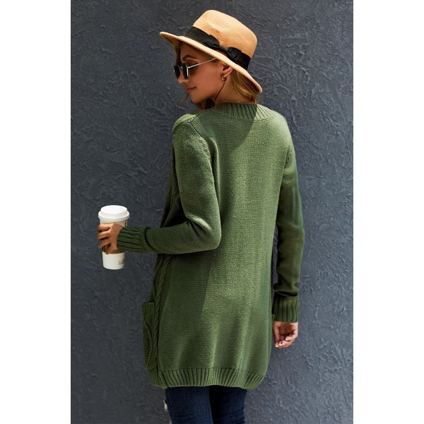 Green Front Pocket and Buttons Closure Cardigan