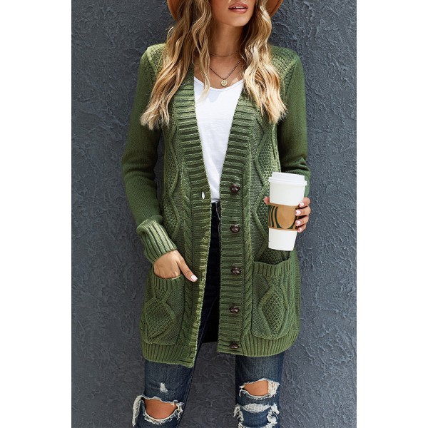 Green Front Pocket and Buttons Closure Cardigan
