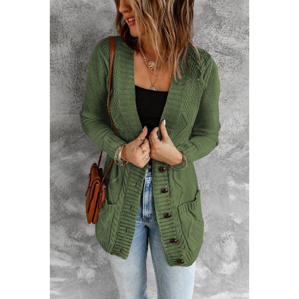 Green Front Pocket and Buttons Closure Cardigan