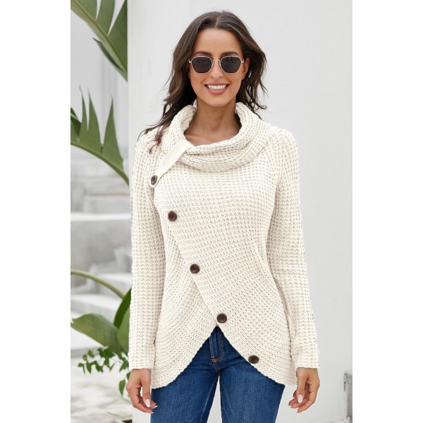 White Buttoned Wrap Turtleneck Sweater