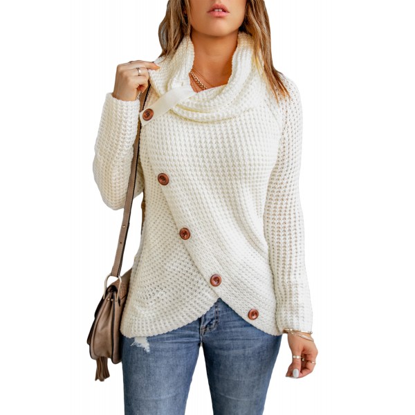 White Buttoned Wrap Turtleneck Sweater