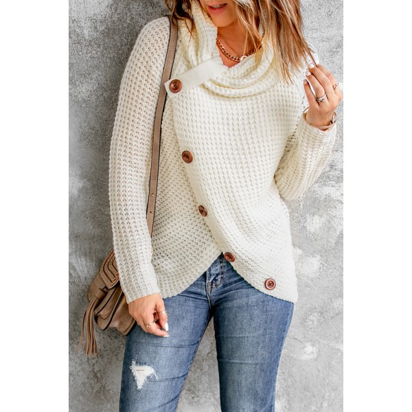 White Buttoned Wrap Turtleneck Sweater